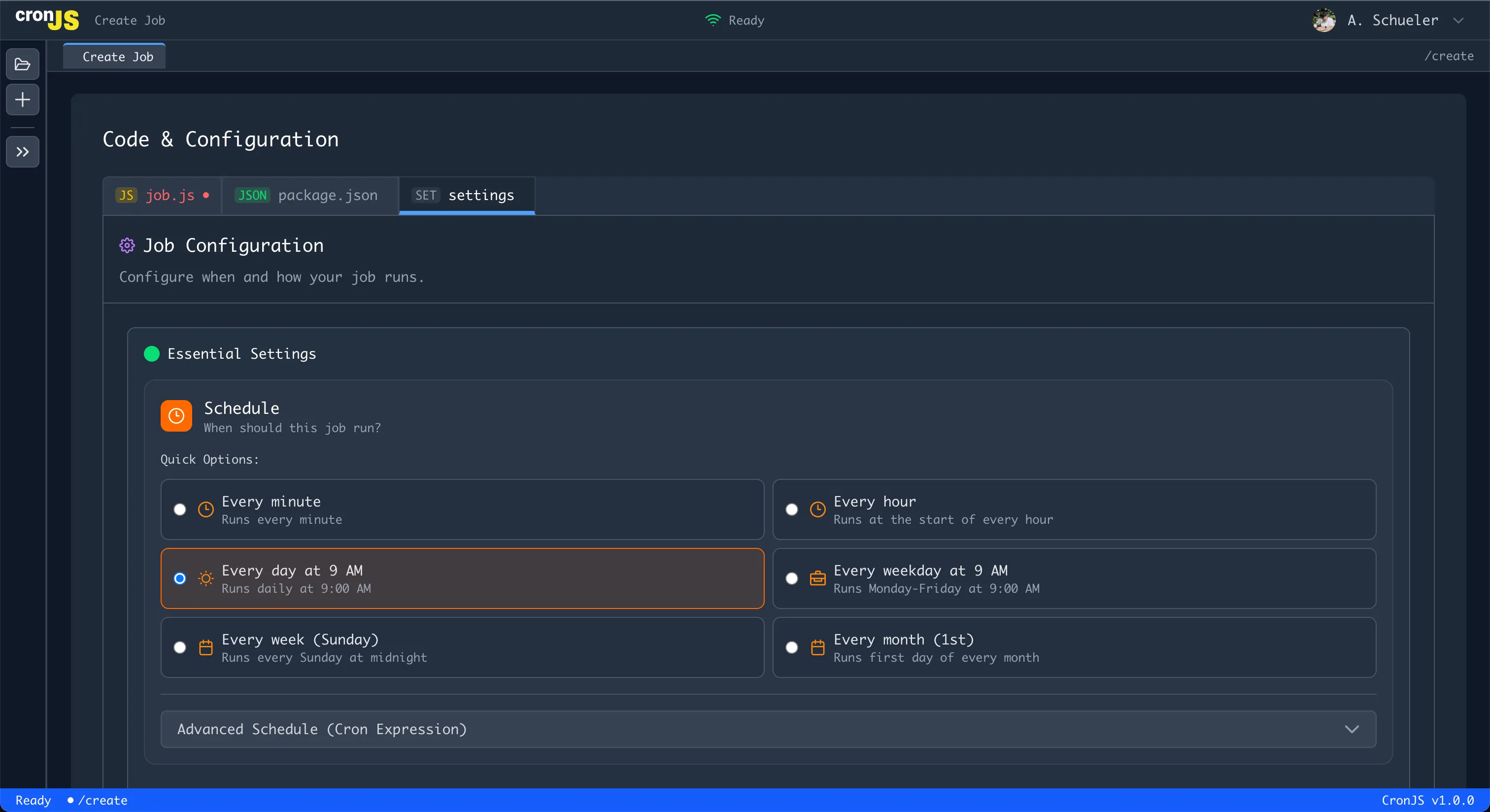 CronJS Visual Cron Builder interface