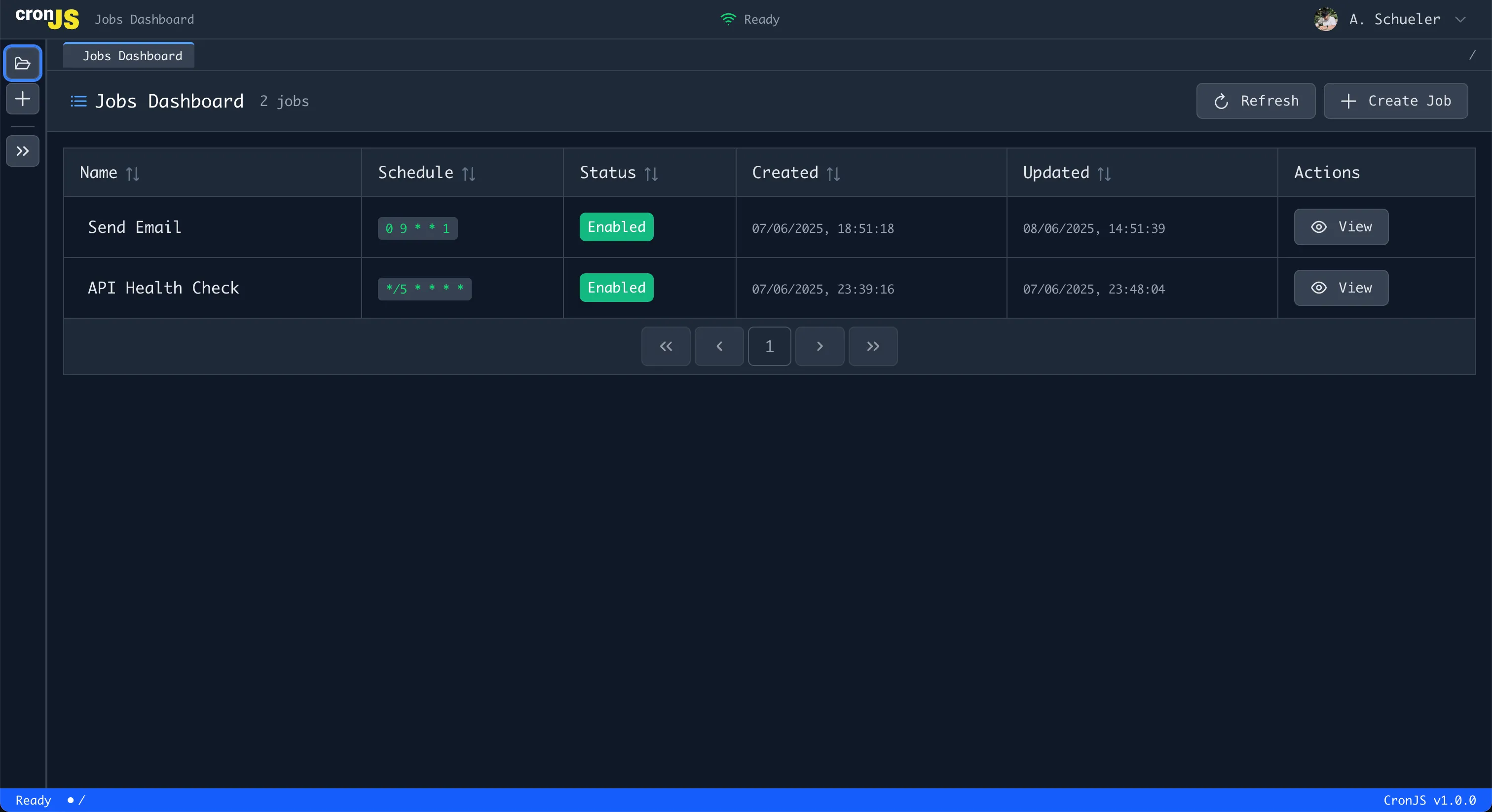 CronJS Dashboard with Create Job button highlighted